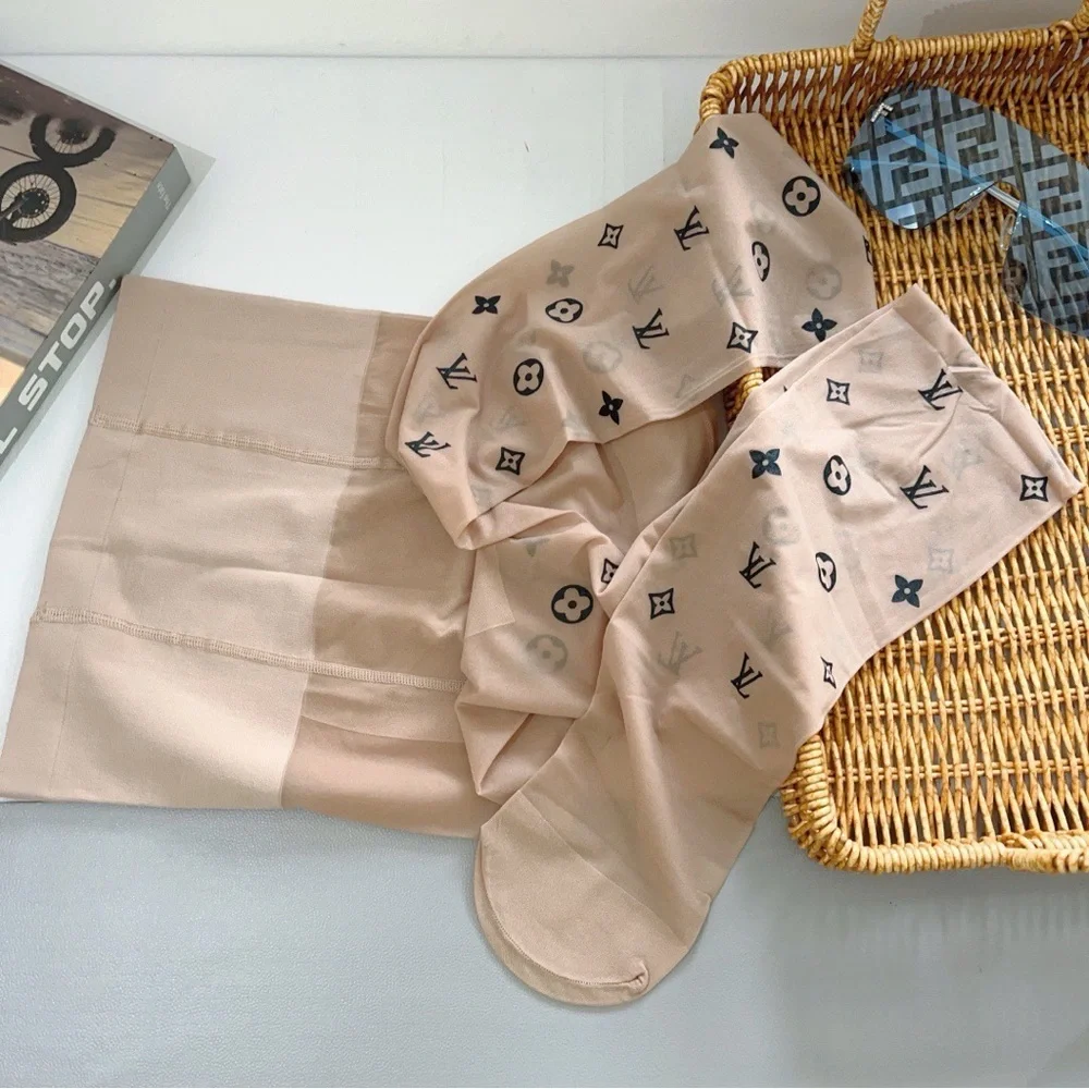 Beige Monogram Sheer Socks with Black Logo Motifs